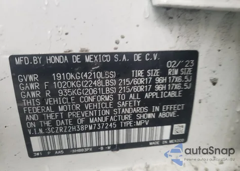 2023 Honda Hr-V Lx from USA, damaged, VIN 3CZRZ2H38PM737245